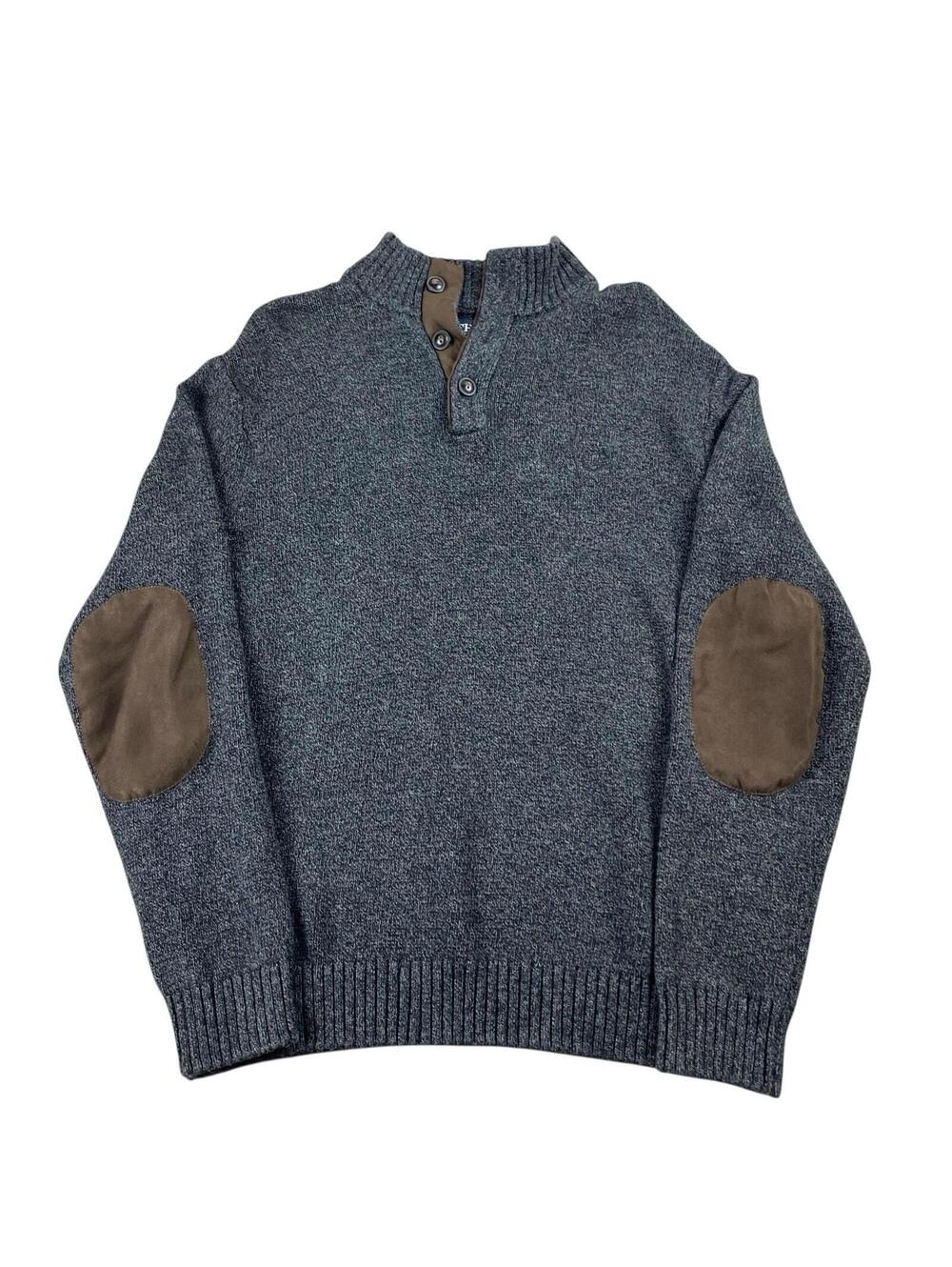 Chaps Knit Dark Gray Henley Sweater Men's Medium Elbow Patches Cotton Button